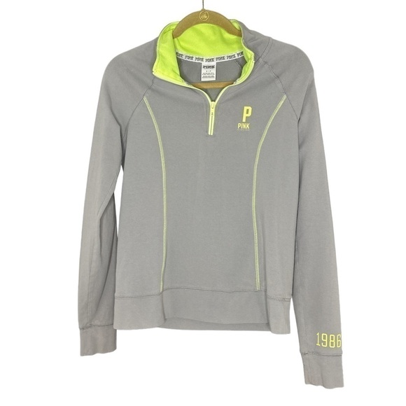 PINK Victoria's Secret Tops - Victoria’s Secret PINK Gray & Neon Green Quarter Zip Pullover